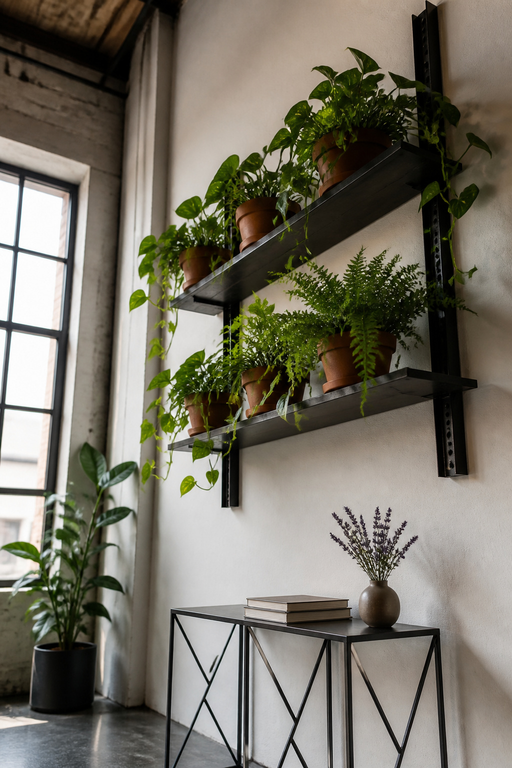 14 Wall Planter Ideas for Indoor and Outdoor Spaces (2026) 12 Black steel shelf with wooden surfaces holding terracotta pots.