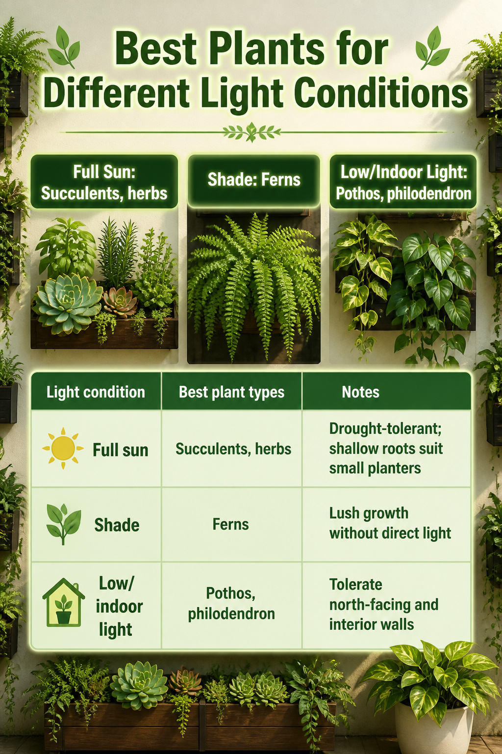14 Wall Planter Ideas for Indoor and Outdoor Spaces (2026) 15 Graphic detailing plants suitable for various light conditions.