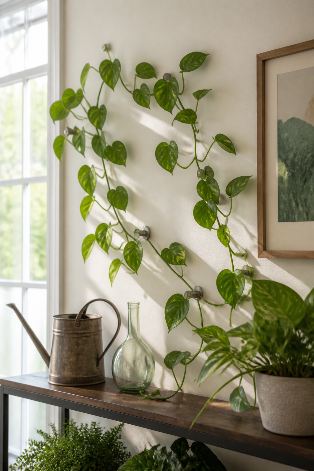 14 Wall Planter Ideas for Indoor and Outdoor Spaces (2026) 2 Metal clips hold pothos stems against a bare wall.
