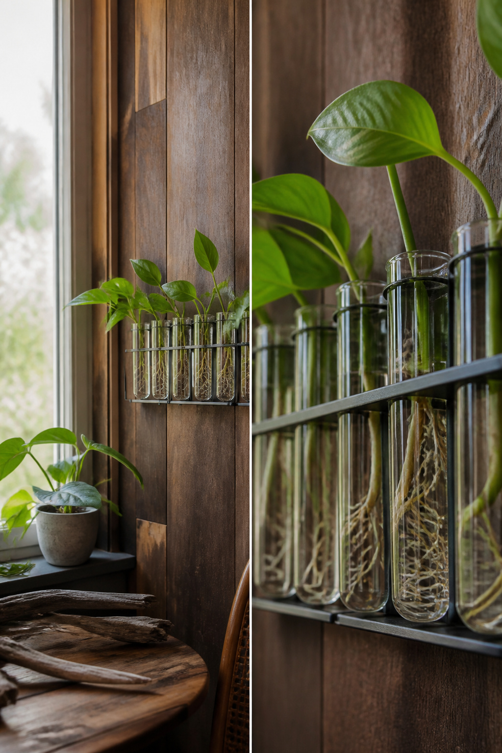 14 Wall Planter Ideas for Indoor and Outdoor Spaces (2026) 3 Propagation tubes mounted on a wall with visible plant roots.