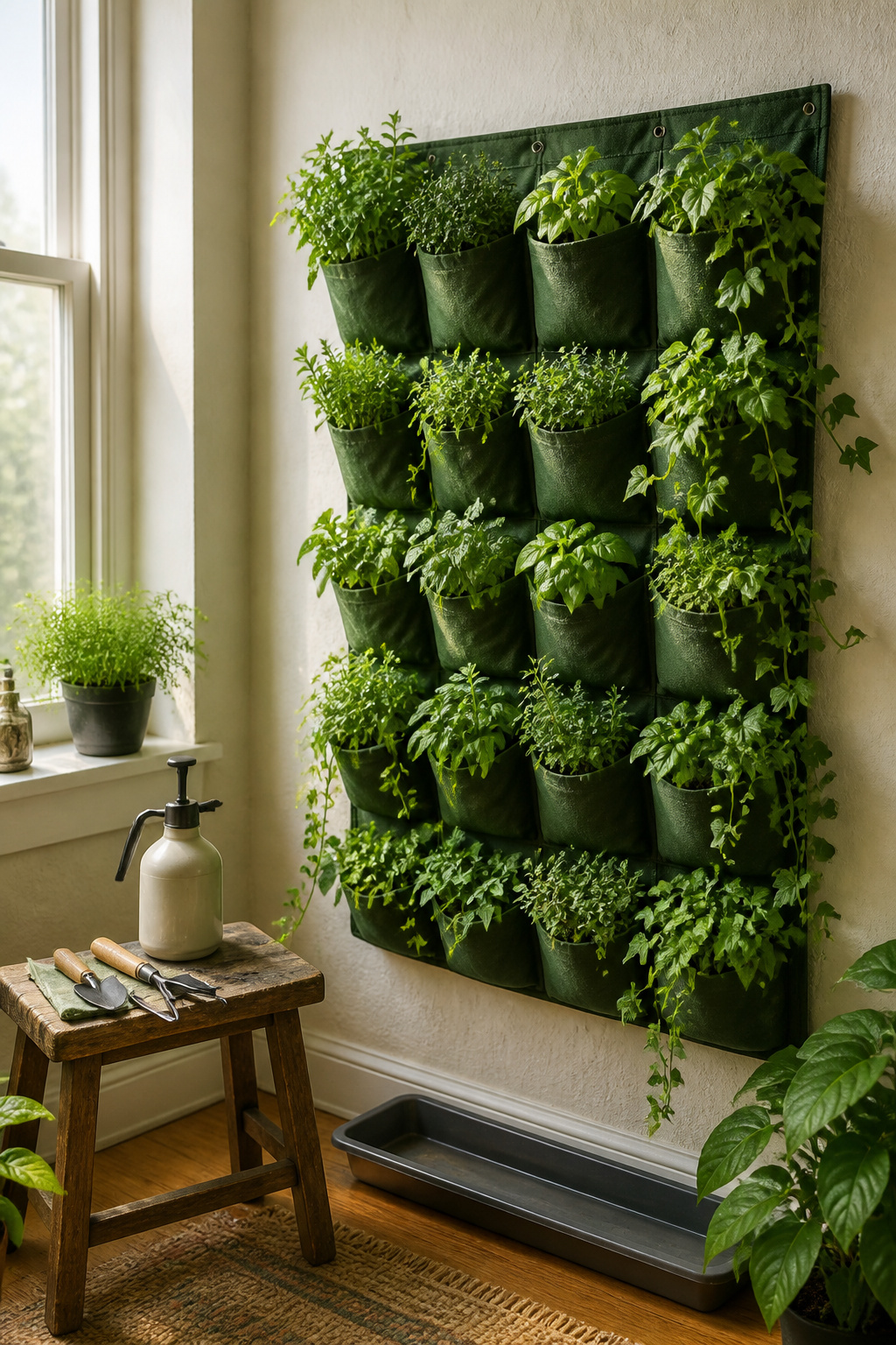 14 Wall Planter Ideas for Indoor and Outdoor Spaces (2026) 5 Fabric pockets on a wall holding small herbs and trailing ivy.