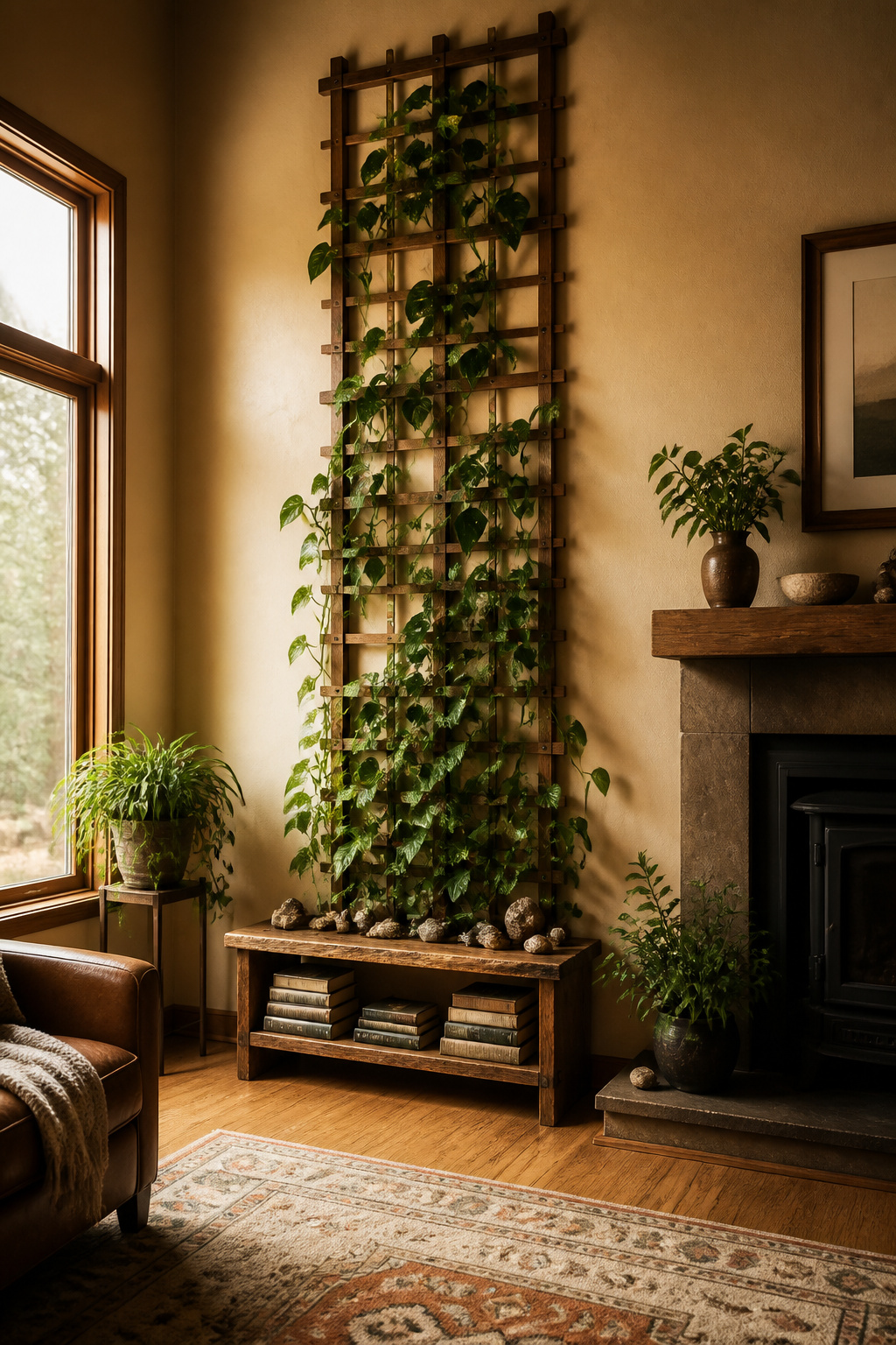 14 Wall Planter Ideas for Indoor and Outdoor Spaces (2026) 6 Wooden trellis mounted on a wall supporting climbing plants.