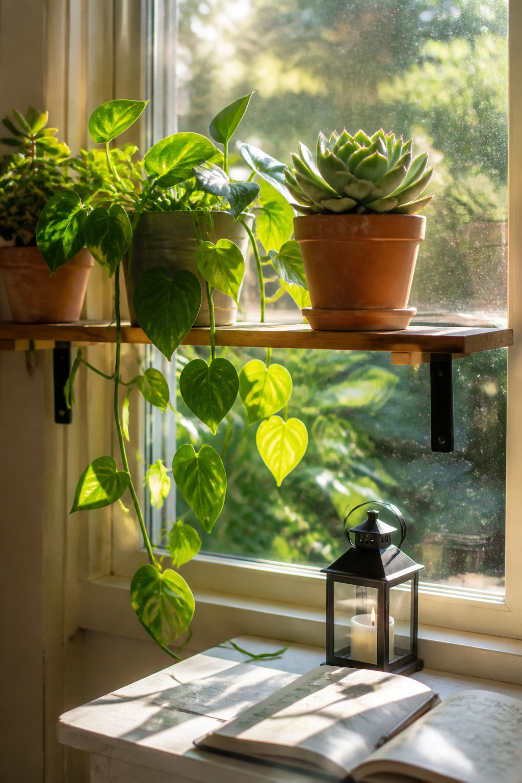 14 Wall Planter Ideas for Indoor and Outdoor Spaces (2026) 7 Shelf mounted in a window displaying various houseplants.