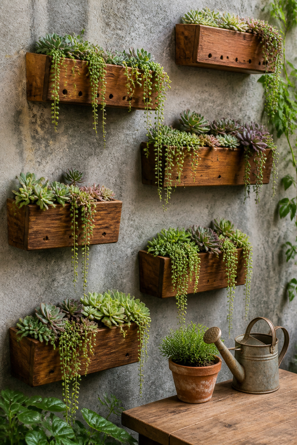 14 Wall Planter Ideas for Indoor and Outdoor Spaces (2026) 9 Succulent boxes mounted on a wall at different heights.