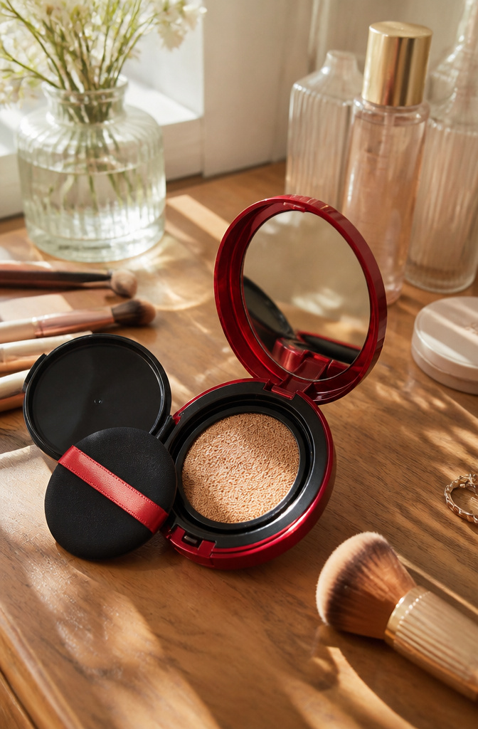 Cute Korean Makeup: A Beginner's Guide to Products and Looks 1 Open Tirtir Mask Fit Red Cushion compact with puff and scattered brushes.