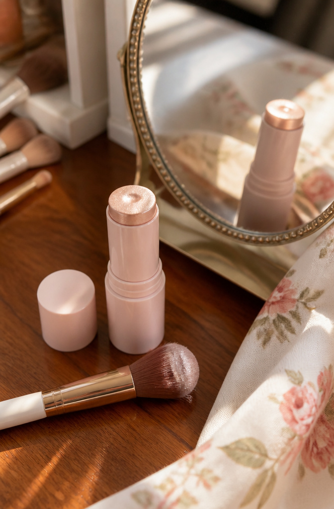 Cute Korean Makeup: A Beginner's Guide to Products and Looks 8 Glint Stick Highlighter placed near a mirror and brushes.