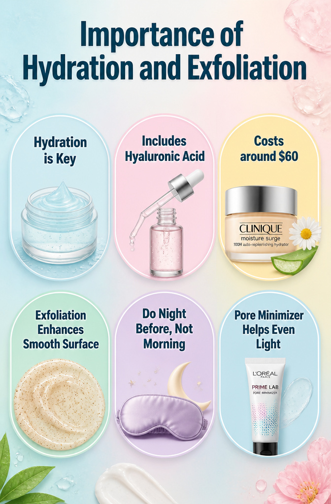 How to Achieve a Dewy Makeup Look: 7 Steps for 2026 10 Graphic emphasizing hydration and exfoliation for makeup.
