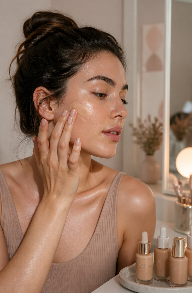 How to Achieve a Dewy Makeup Look: 7 Steps for 2026 3 Model applying foundation in a well-lit area.