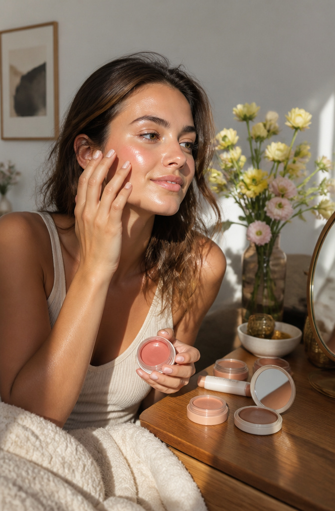 How to Achieve a Dewy Makeup Look: 7 Steps for 2026 4 Model using cream blush in a bright, floral room.
