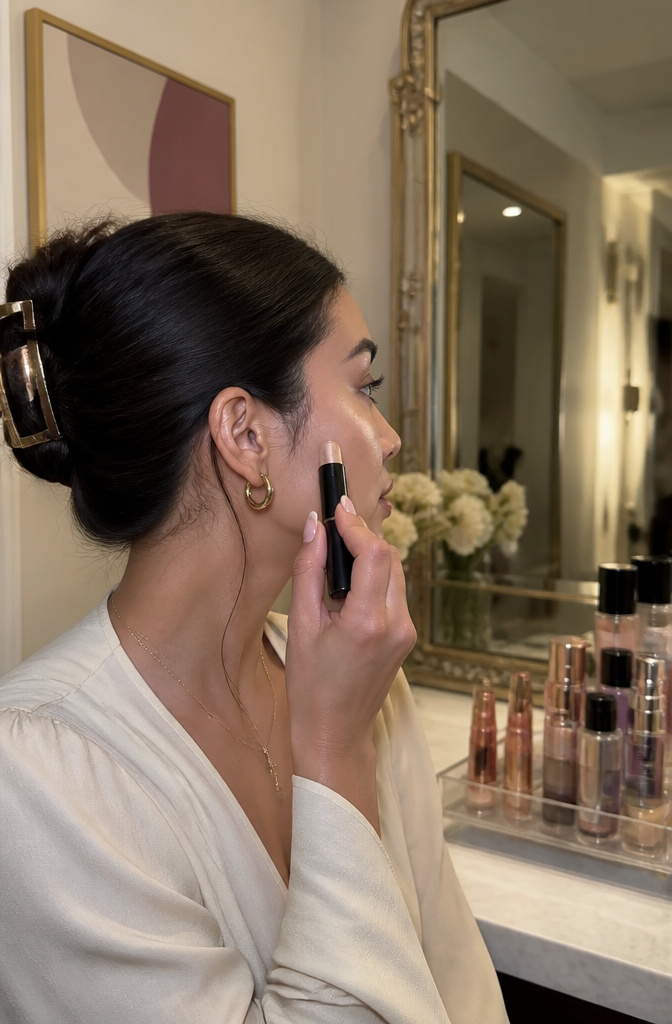 How to Achieve a Dewy Makeup Look: 7 Steps for 2026 5 Model applying cream highlighter in an elegantly designed dressing area.