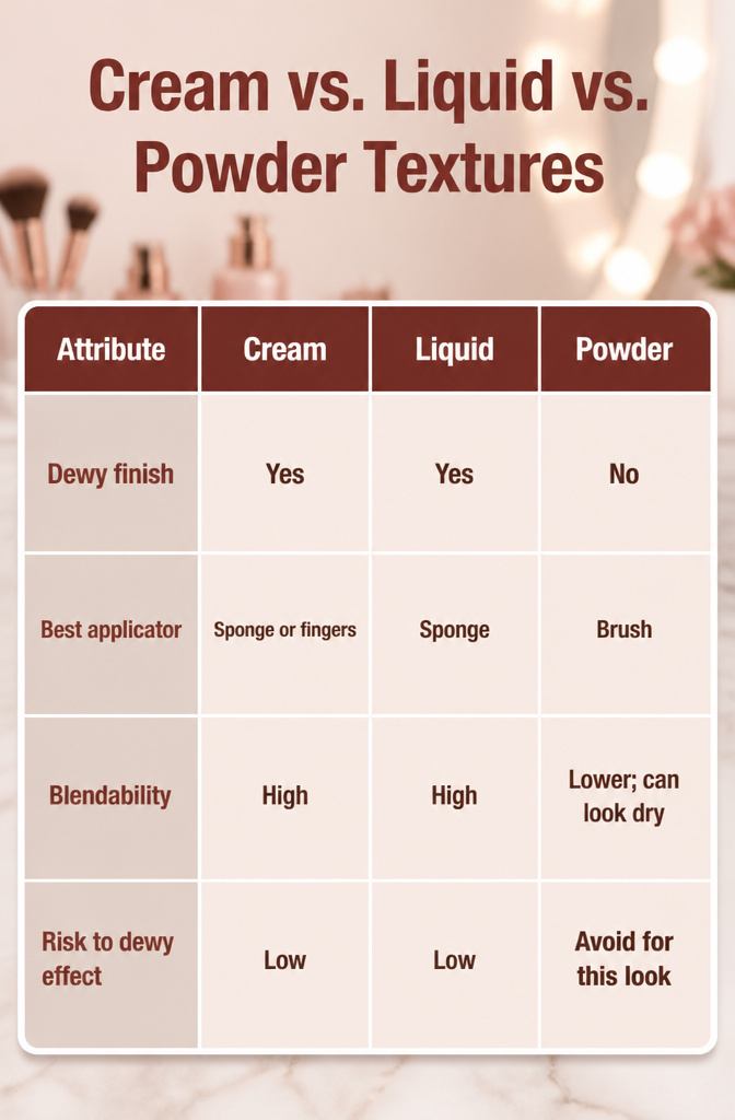 How to Achieve a Dewy Makeup Look: 7 Steps for 2026 8 Chart comparing cream, liquid, and powder makeup textures.