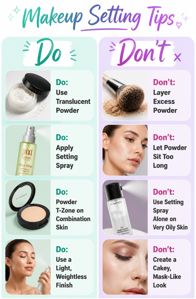 10 Steps to a Flawless Makeup Look (2026 Guide) 14 A visual guide on makeup setting tips for different skin types.