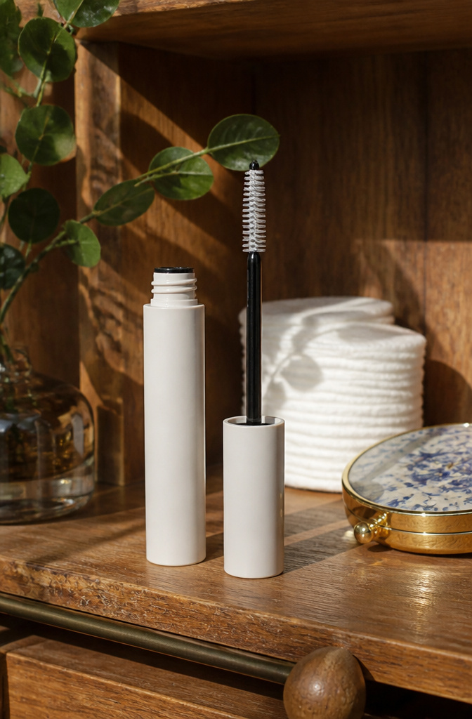 10 Steps to a Flawless Makeup Look (2026 Guide) 7 A tube of lash primer and a mascara wand on a wooden shelf.