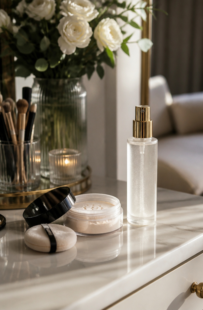 10 Steps to a Flawless Makeup Look (2026 Guide) 9 A jar of setting powder and a spray bottle on a vanity.
