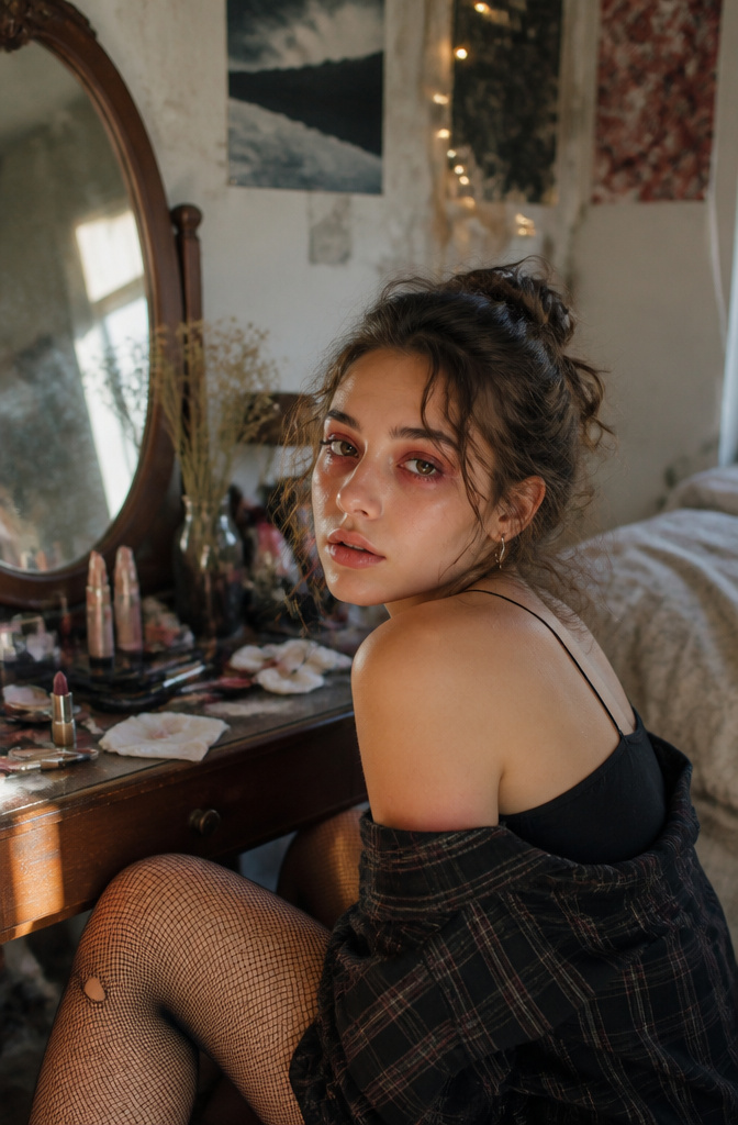 11 Makeup Girl Aesthetic Styles Set to Define 2026 1 Model with red eyeshadow and glowing skin in an eclectic dressing room.