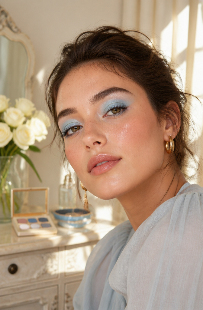 Makeup Trends 2026: The Looks Taking Over This Year 2 A model wearing light blue pastel eyeshadow.