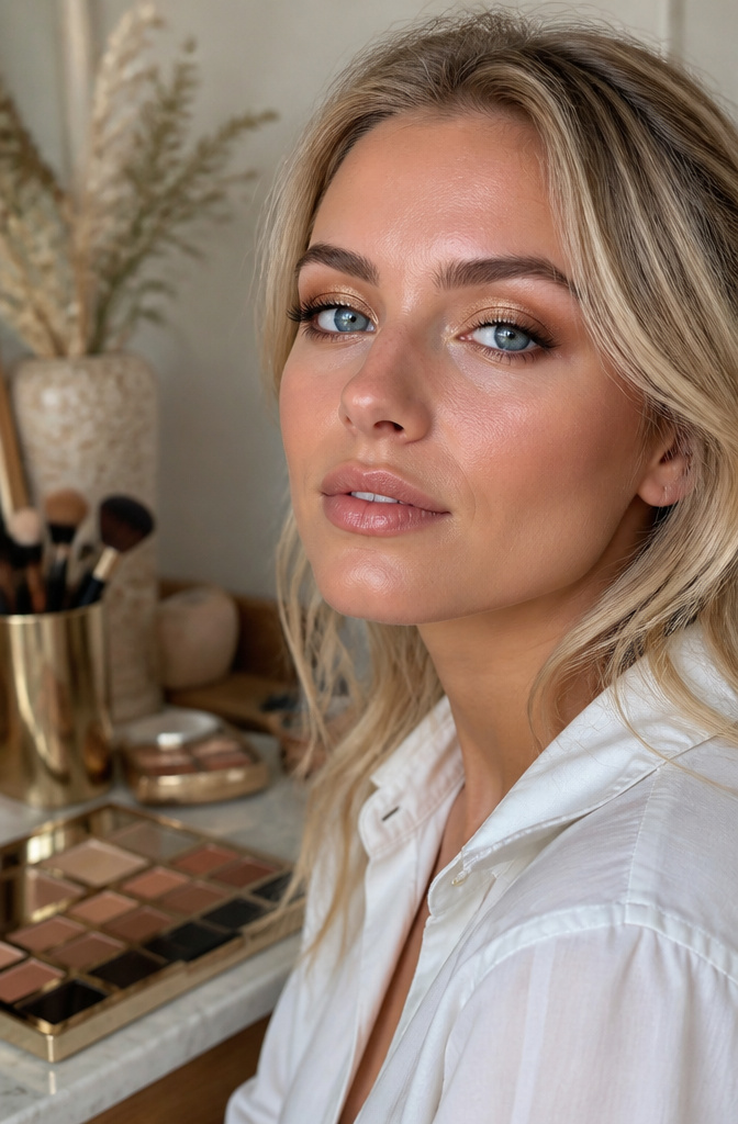 Blue Eye Makeup: Warm Tones, Eyeliners, and Color Theory for 2026 1 Close-up of a model's blue eyes with gold eyeshadow.