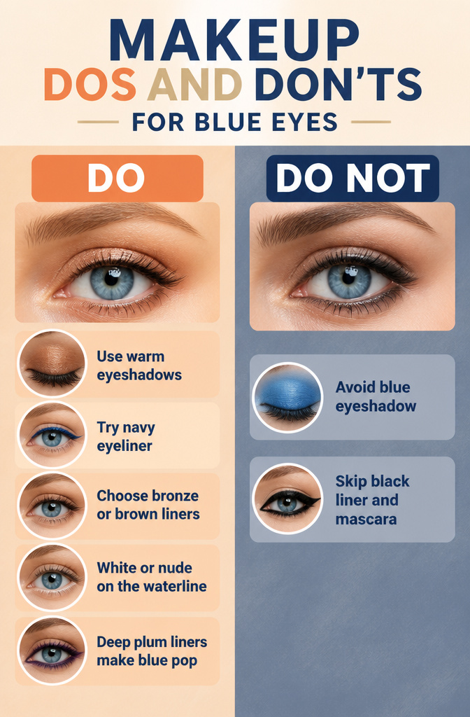 Blue Eye Makeup: Warm Tones, Eyeliners, and Color Theory for 2026 12 Visual guide on makeup dos and don'ts for blue eyes.