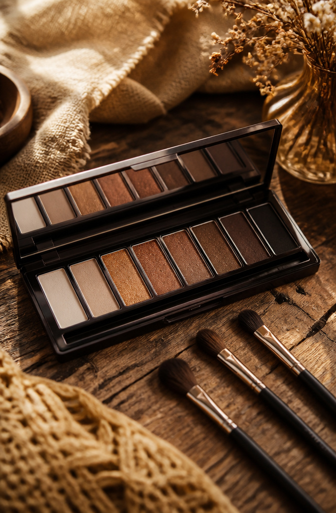 Blue Eye Makeup: Warm Tones, Eyeliners, and Color Theory for 2026 2 Palette of warm smokey eyeshadow colors on a wooden surface.