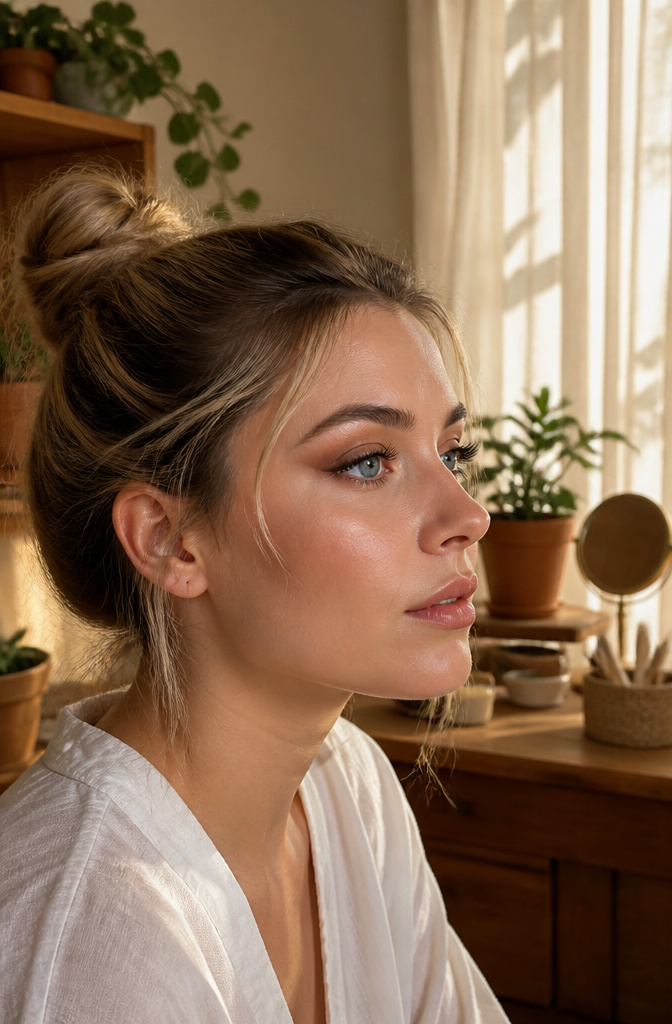 Blue Eye Makeup: Warm Tones, Eyeliners, and Color Theory for 2026 3 Side-profile of a model with blue eyes wearing brown eyeshadow.