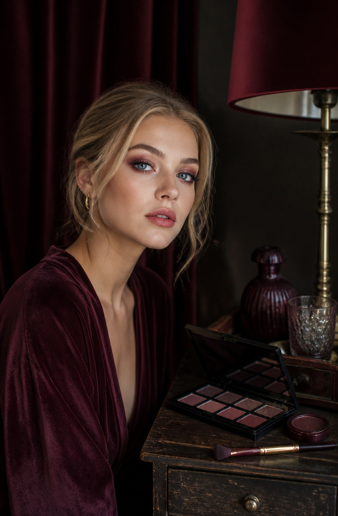 Blue Eye Makeup: Warm Tones, Eyeliners, and Color Theory for 2026 5 Model showcasing burgundy eyeshadow around her blue eyes.