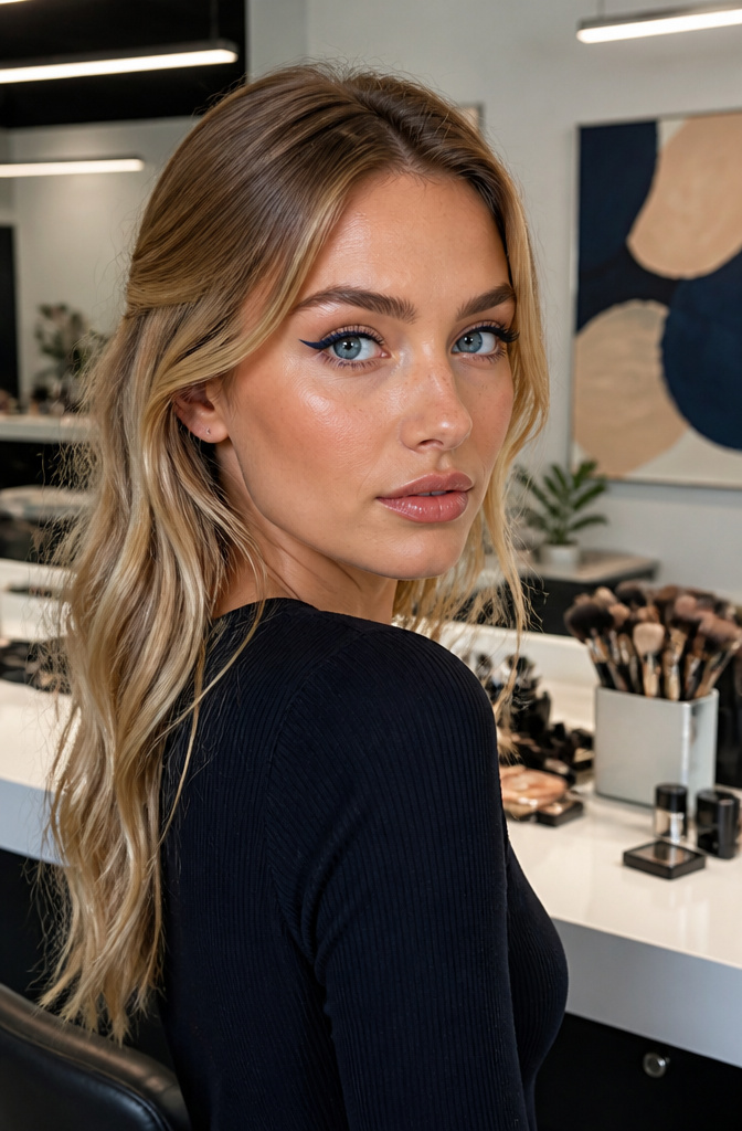 Blue Eye Makeup: Warm Tones, Eyeliners, and Color Theory for 2026 7 Close-up of a model's eyes defined by navy eyeliner.