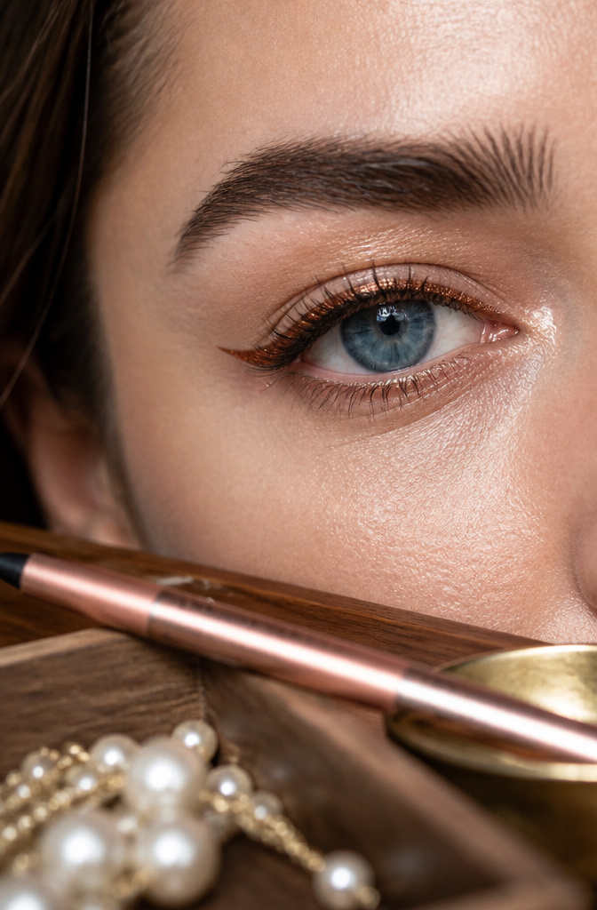 Blue Eye Makeup: Warm Tones, Eyeliners, and Color Theory for 2026 8 Model's eyes highlighted with warm bronze eyeliner.