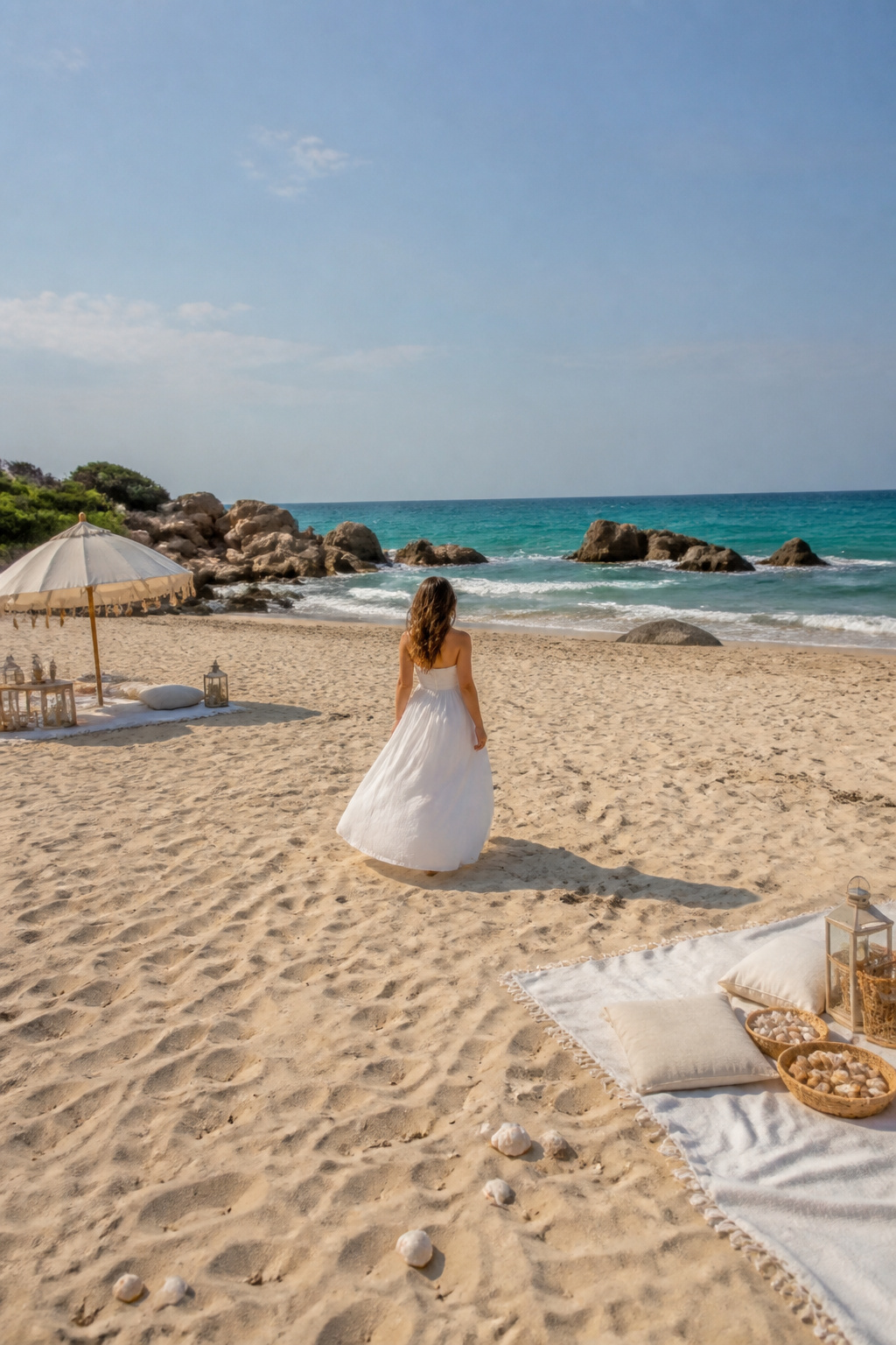 A floor-length white maxi dress in a beach setting.