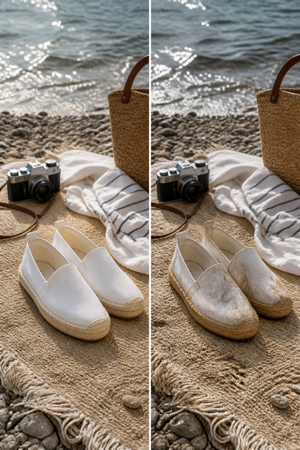 Flat sandals suitable for walking on the beach.