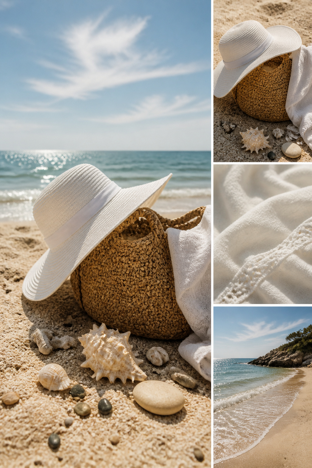 A cotton sun hat displayed with accessories.
