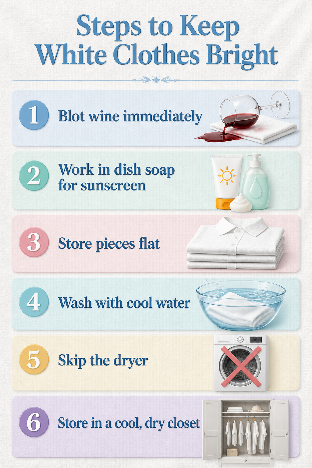 A list of steps to maintain white clothing.