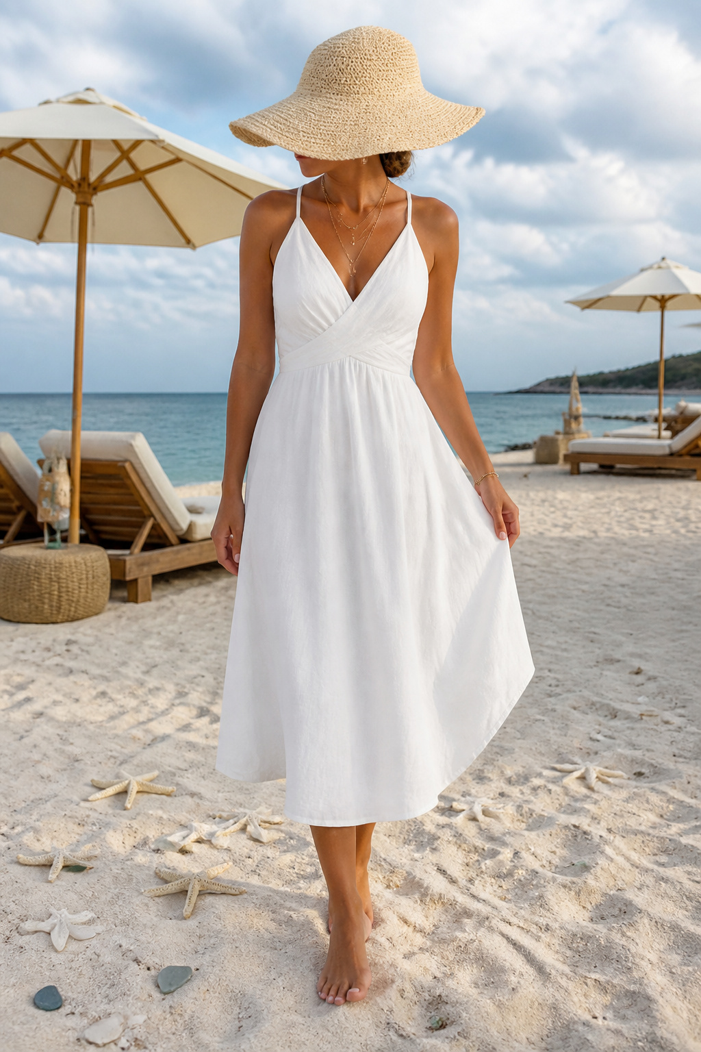 A mid-calf white midi dress against a beach backdrop.