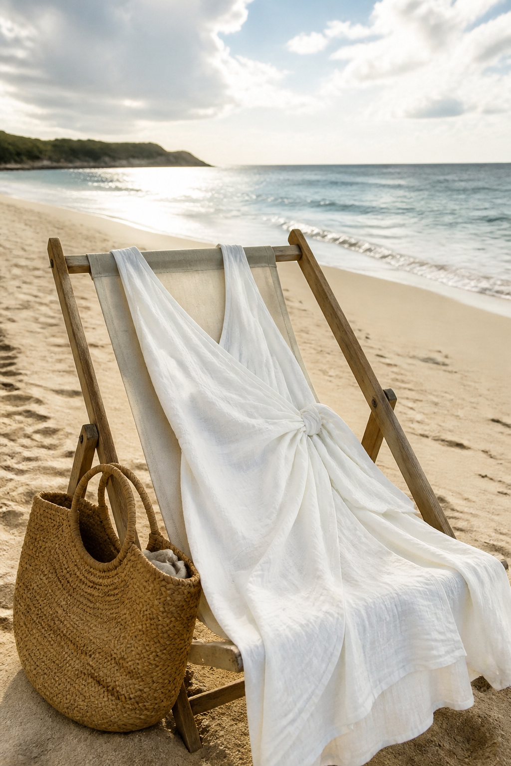 A white wrap dress draped over a beach chair.