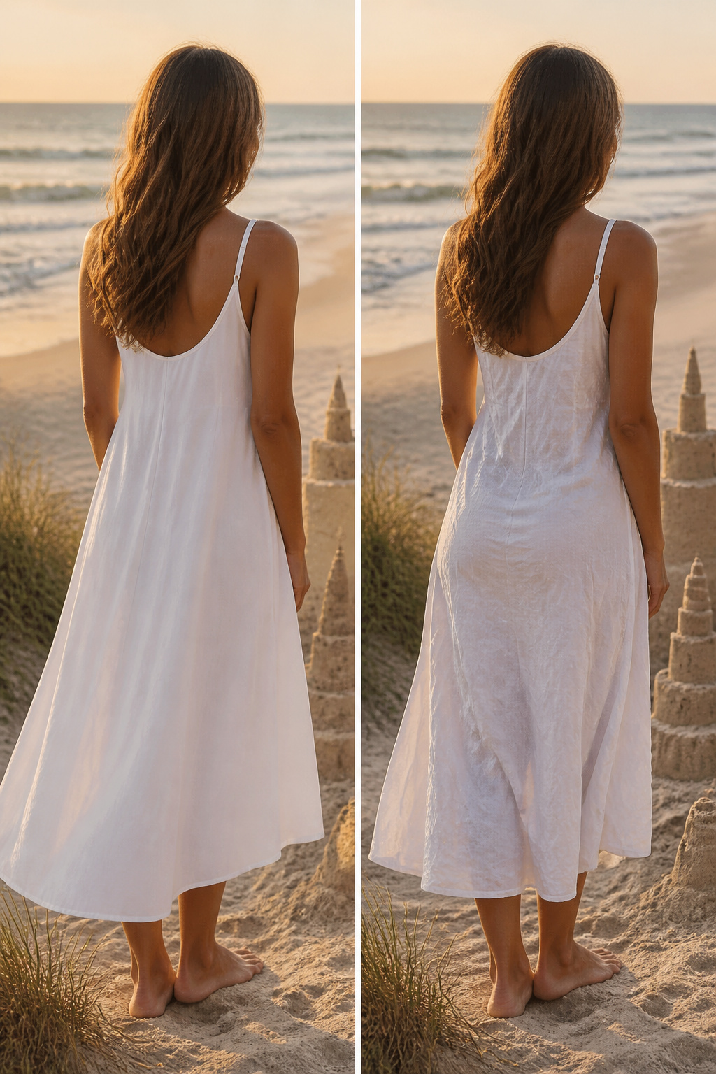 A display of A-line and sheath white dresses.
