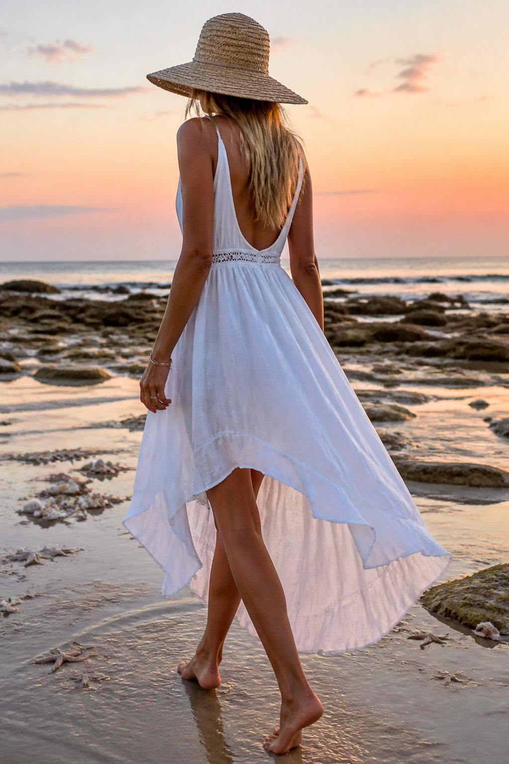 A high-low white dress fluttering in the wind at the beach.