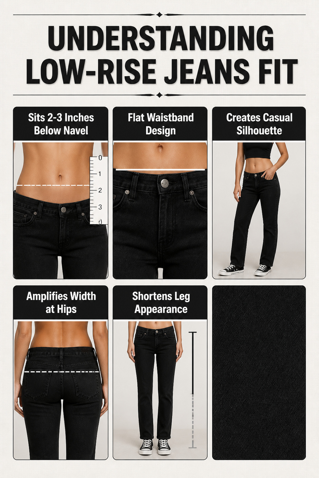 Information image illustrating low-rise jeans fit on the body.