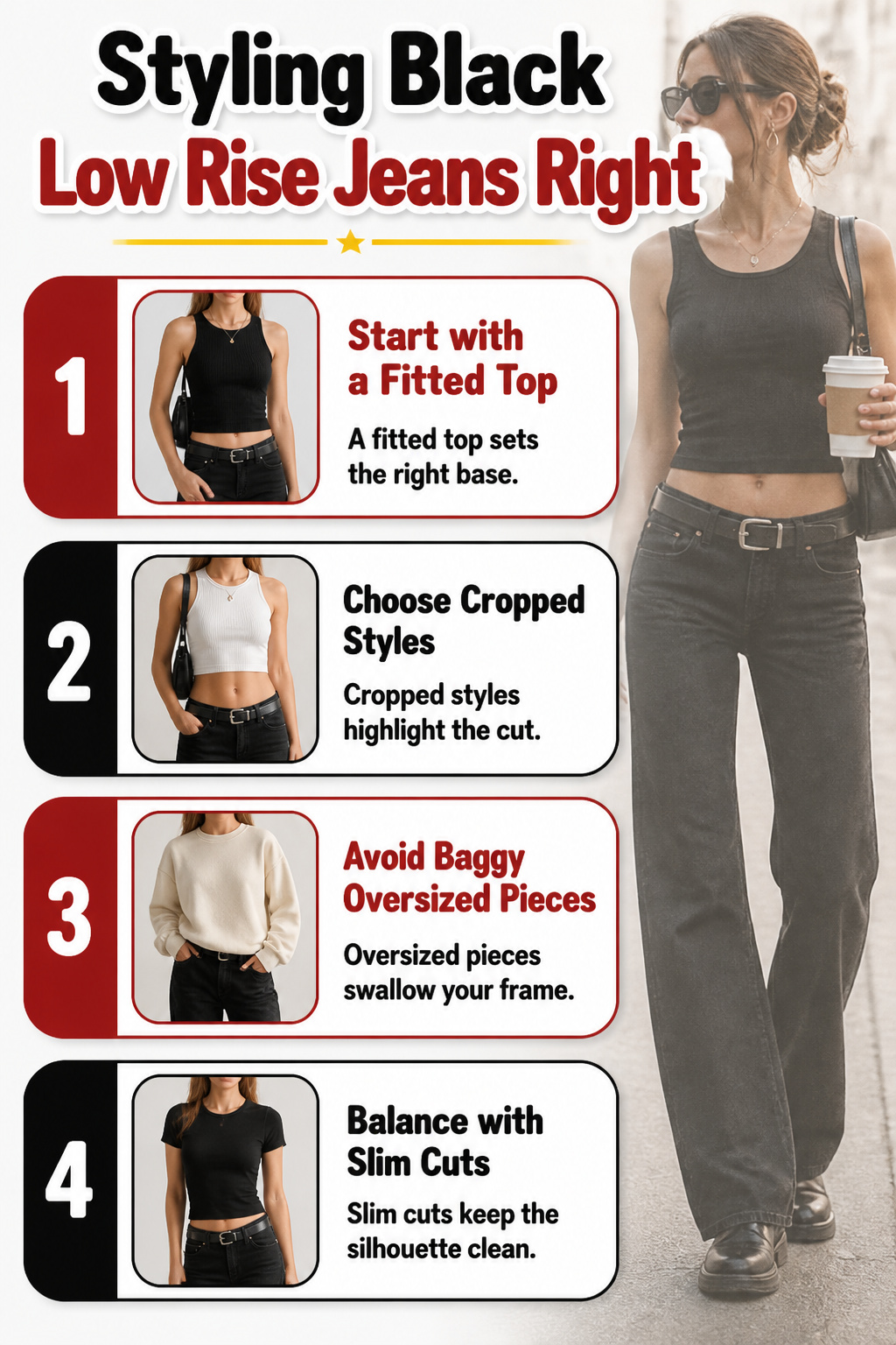 Information image detailing how to style black low rise jeans.