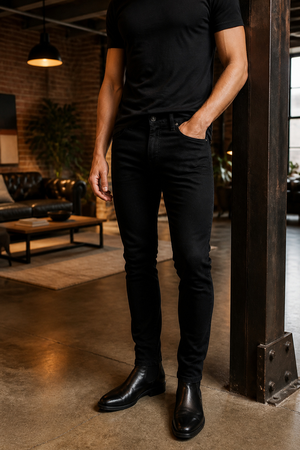 Photograph of slim fit black low rise jeans styled with a fitted t-shirt.