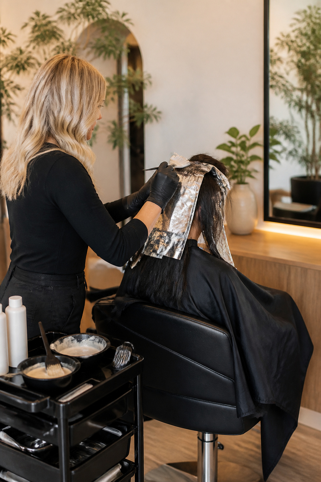 A stylist applying bleach to hair wrapped in foil.