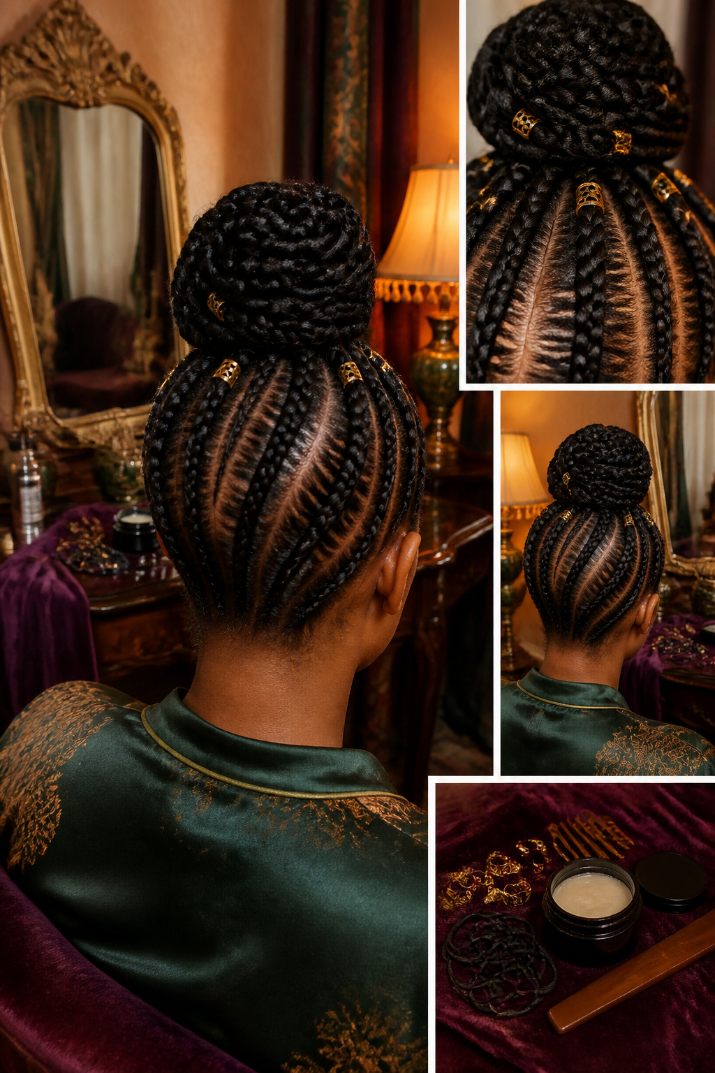 Cornrow updo with decorative hair cuffs.