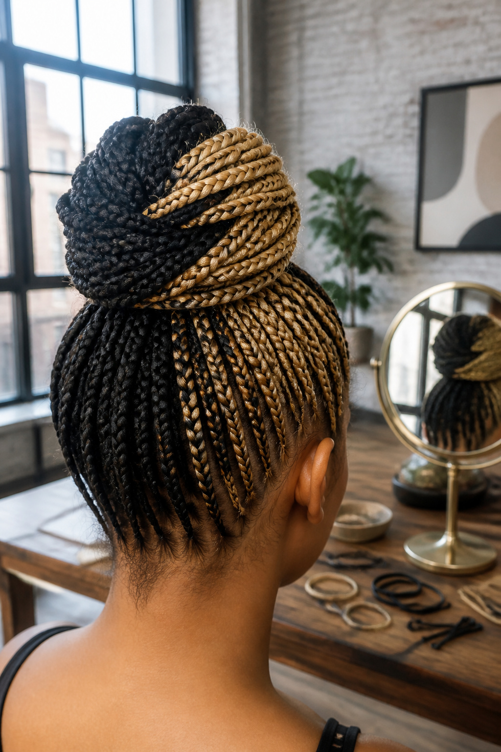 High bun made with two-tone braids.
