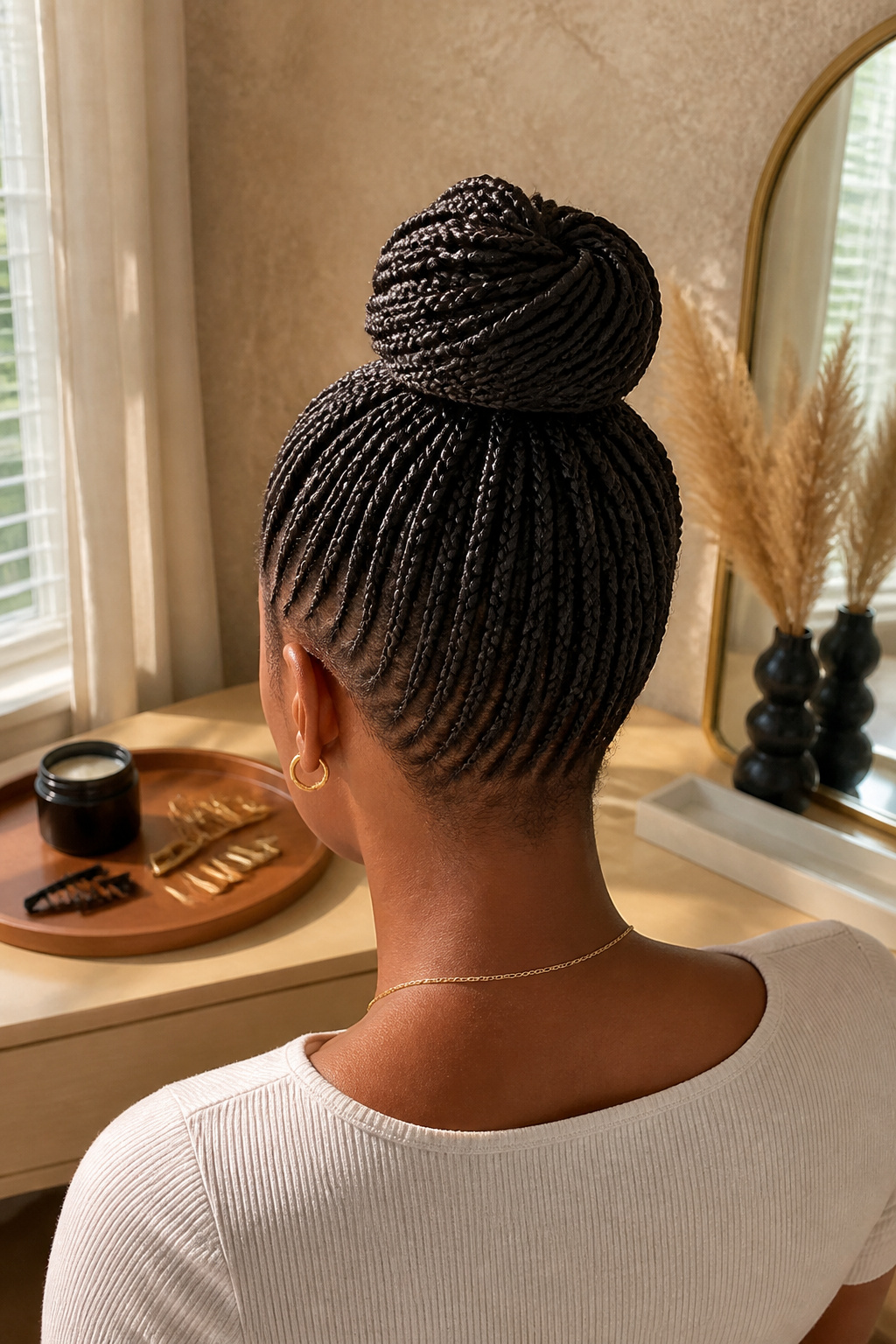 High compact knot created with mini box braids.