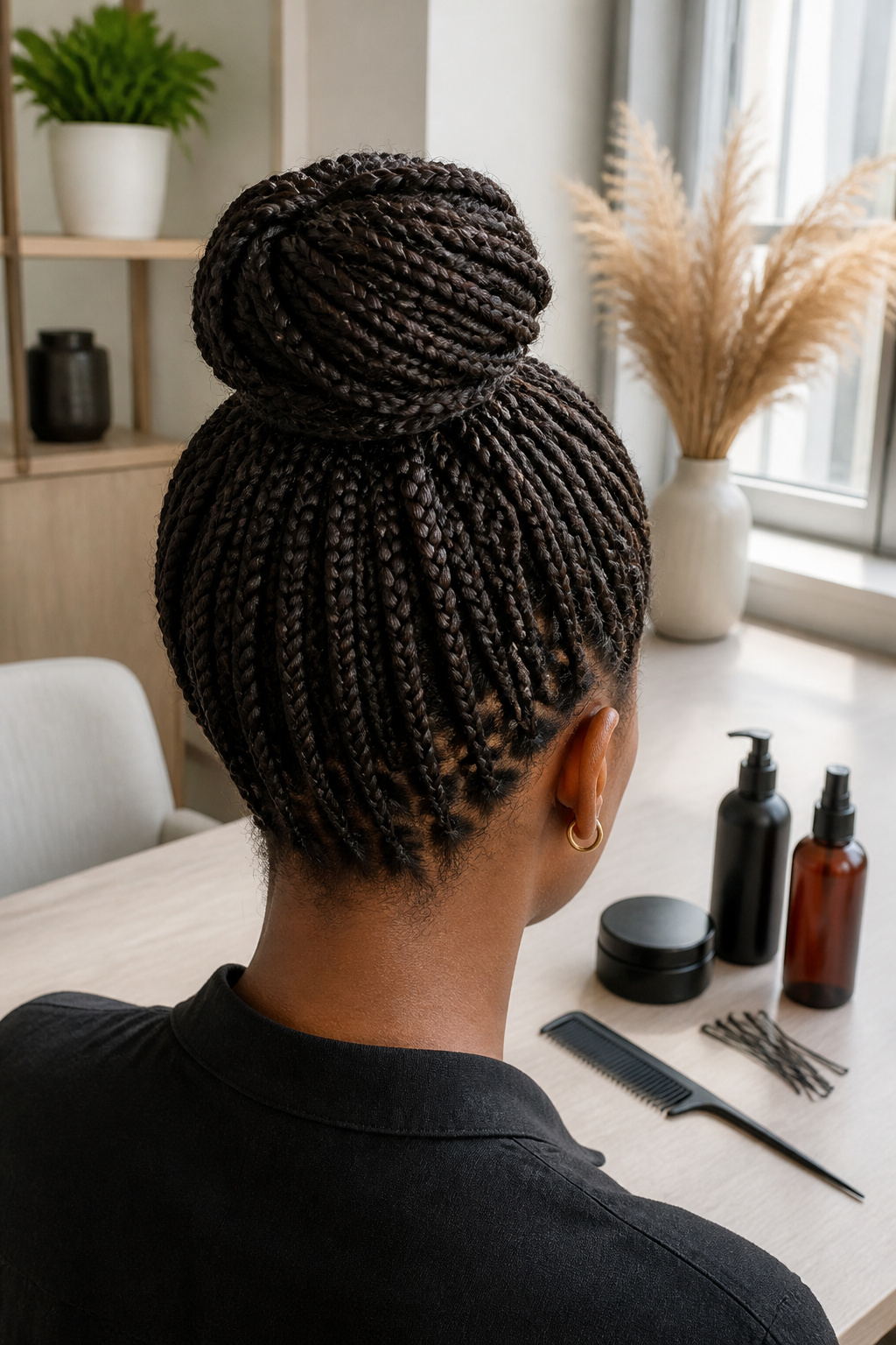 Fine braids styled into a high bun.