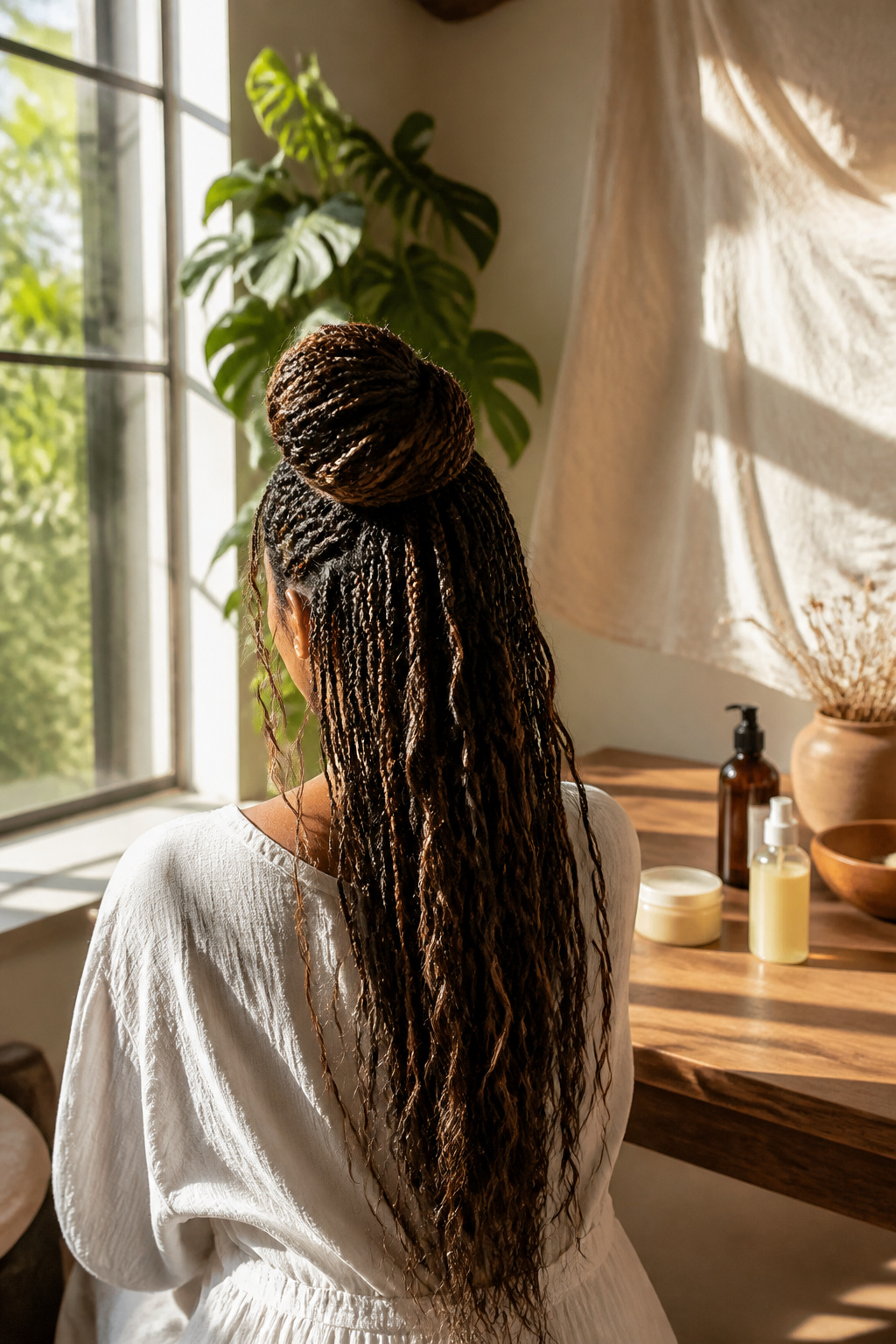 Knotless braids styled in a half-updo with waves framing the face.