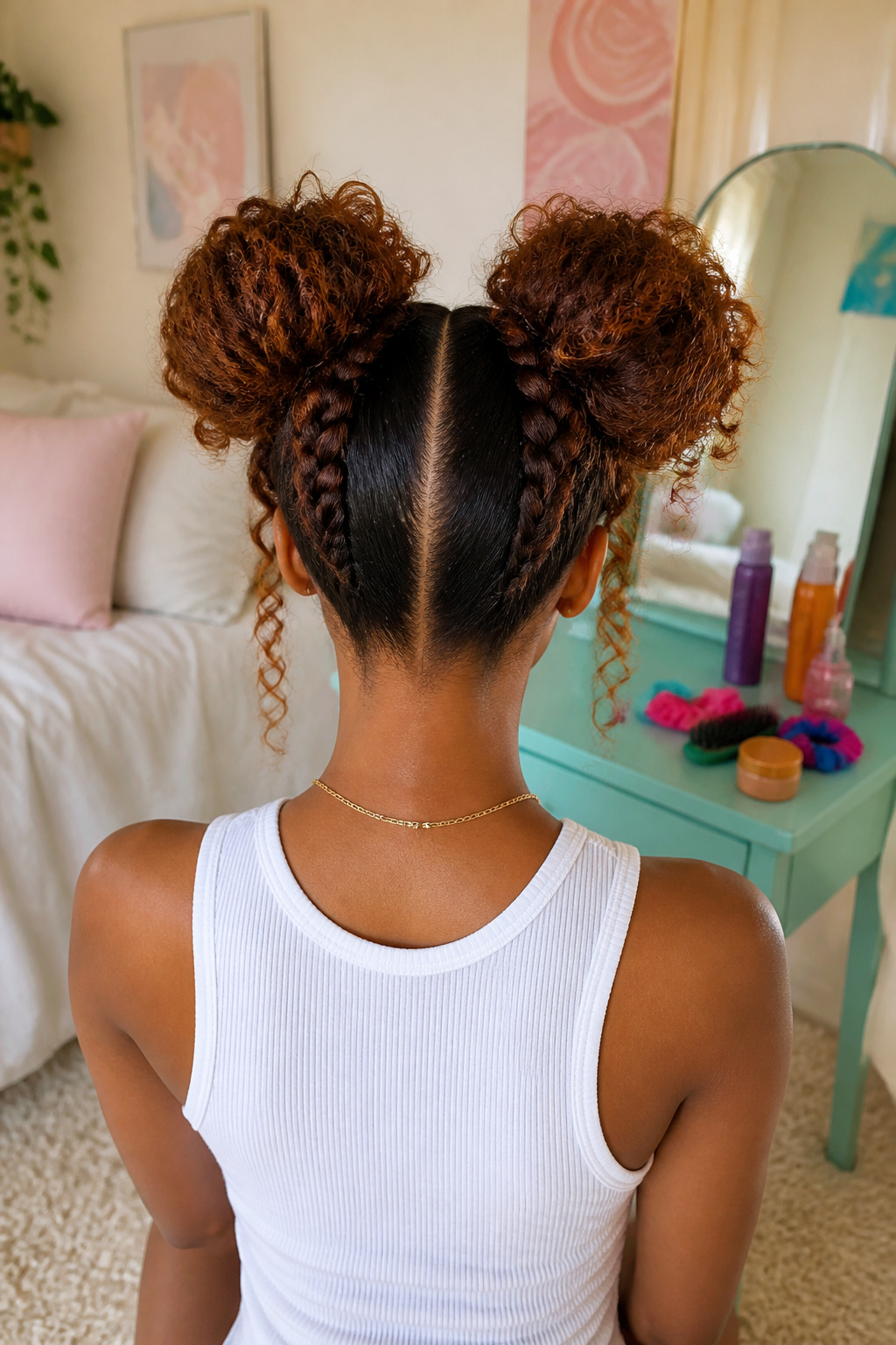 High curly space buns with bangs at each temple.