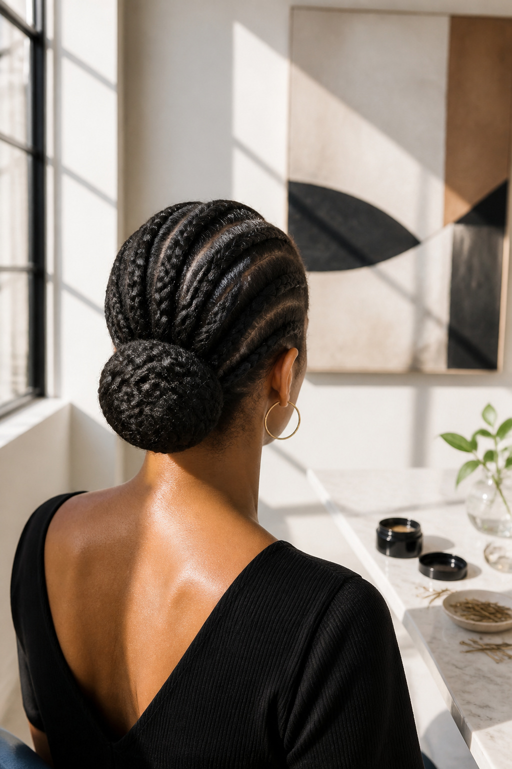 Flat twist updo with a sleek low bun at the nape.