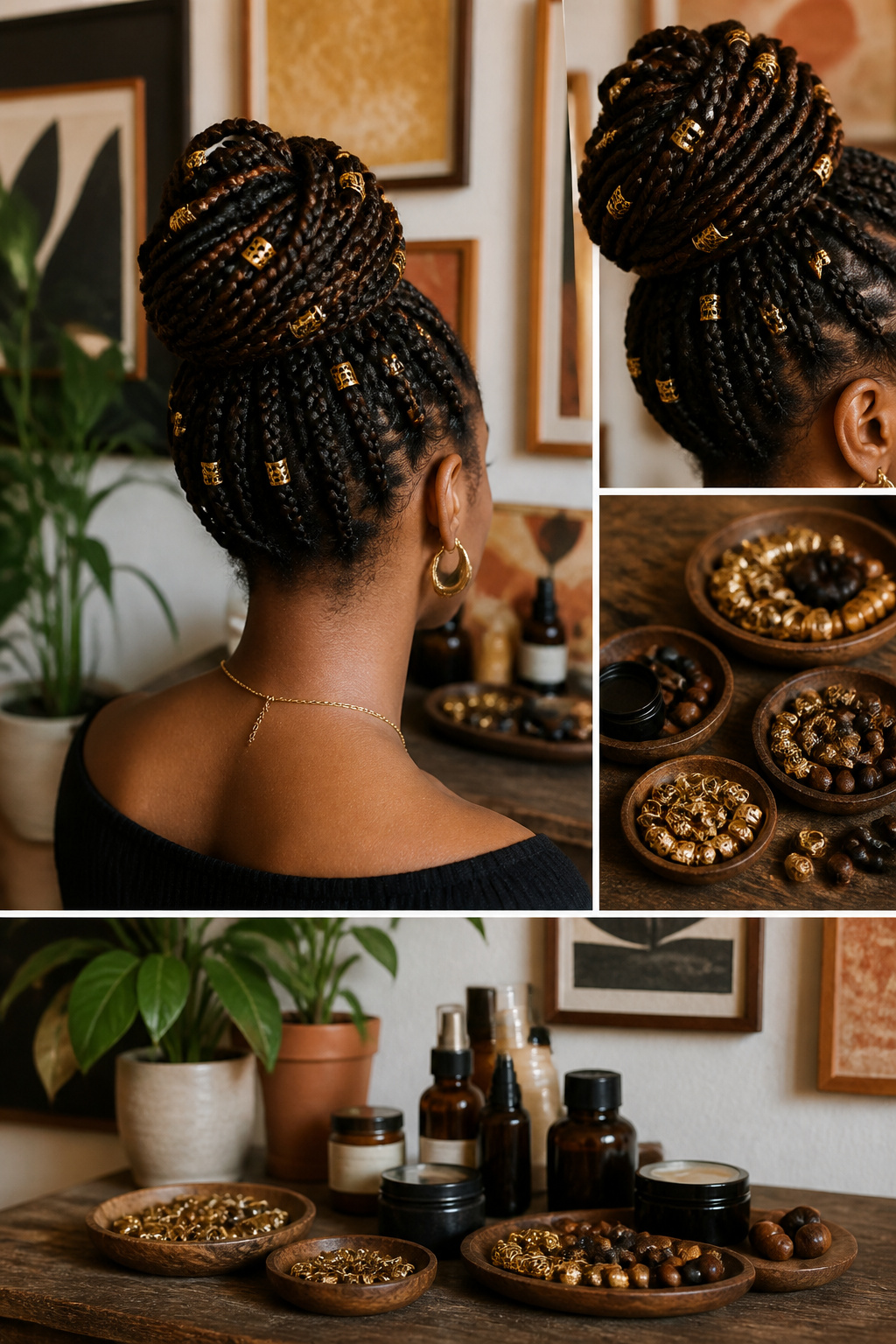 Box braid bun decorated with gold cuffs.