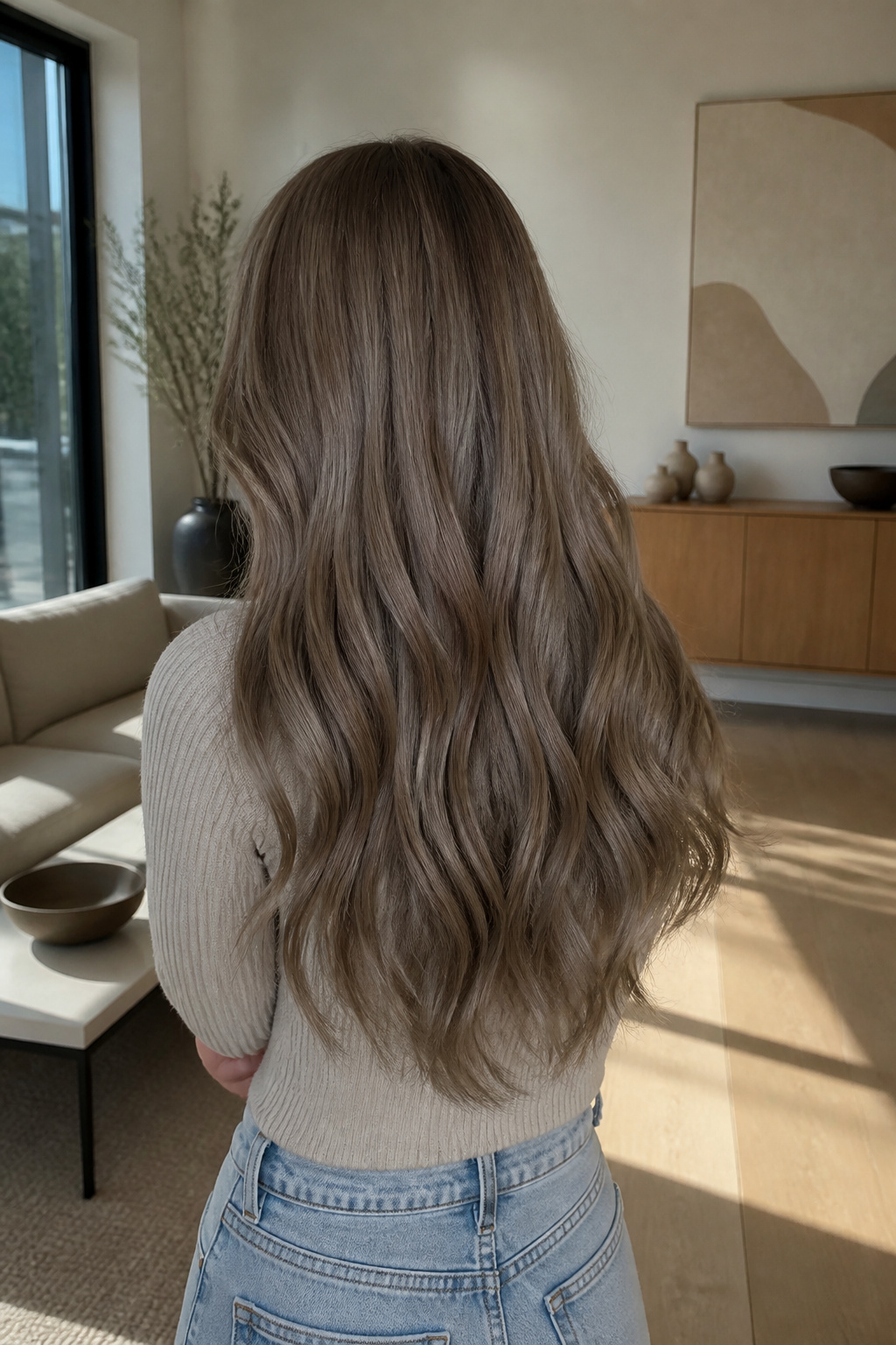 Hair styled in soft waves showcasing mushroom brown.