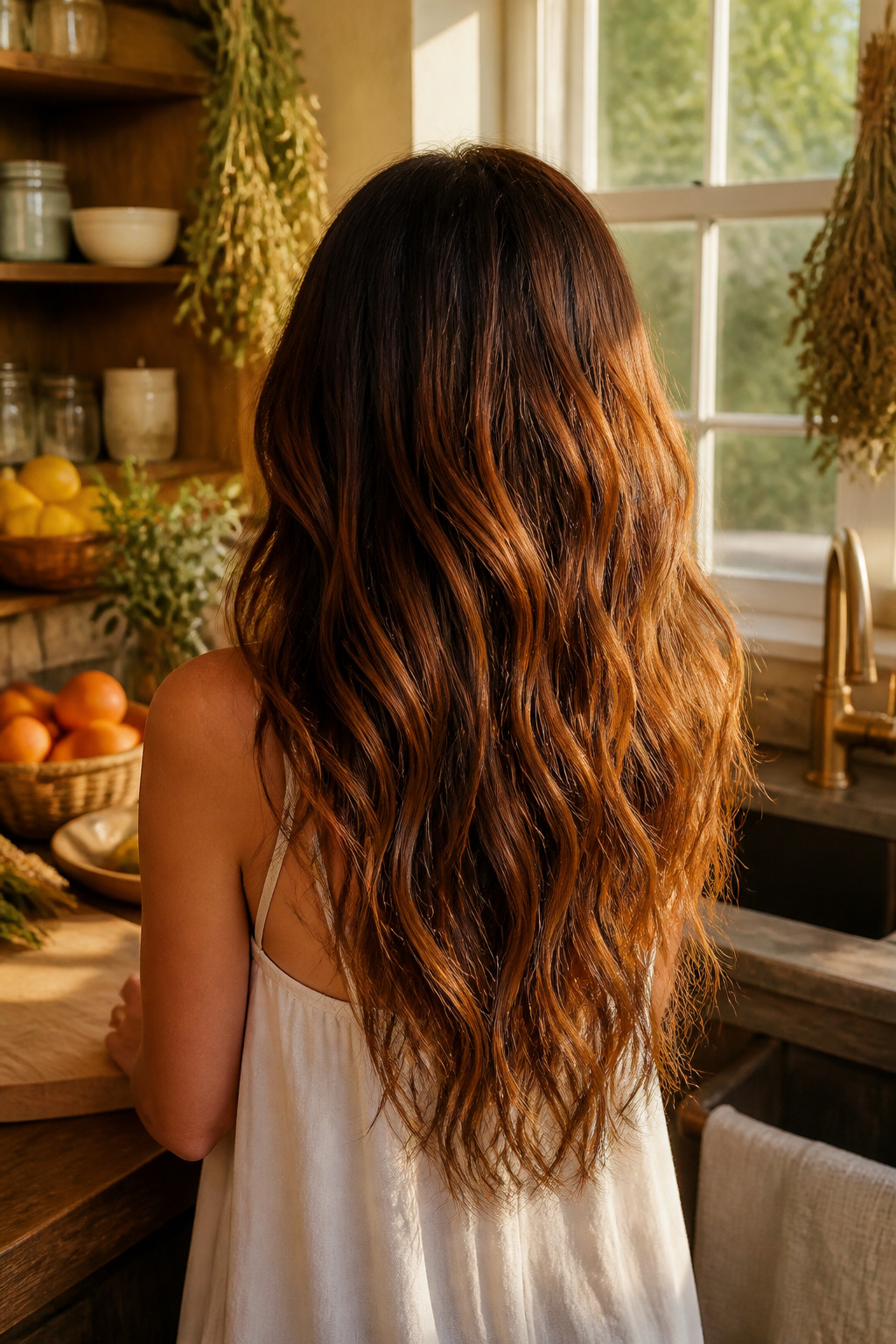 Brunette hair with copper brown balayage in loose waves.
