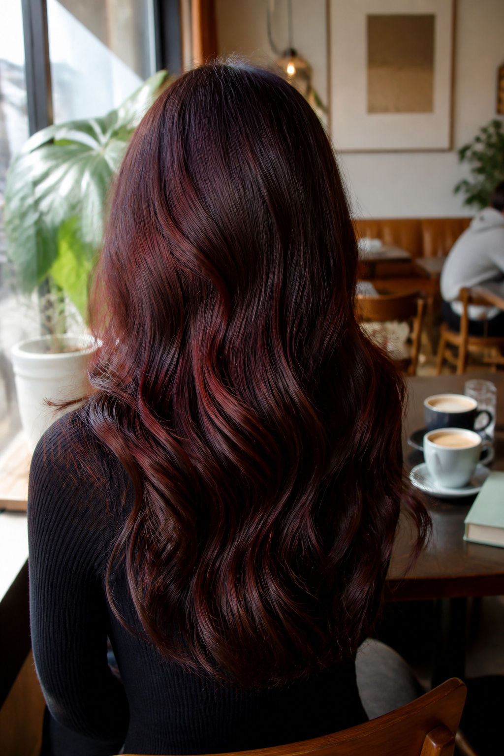 Loose waves of cherry mocha hair in natural light.